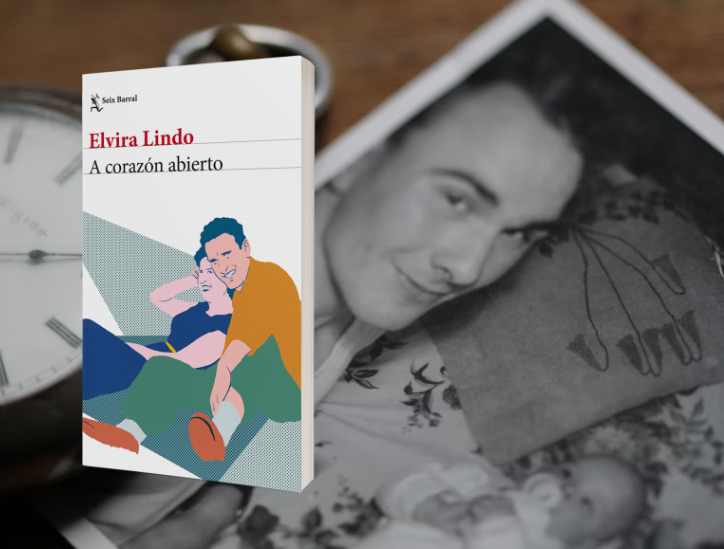 Portada de A corazón abierto de Elvira Lindo sobre fondo de reloj y fotografía de hombre con bebé